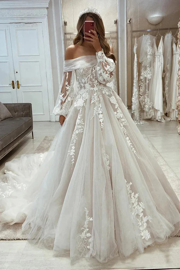 Unique Off the Shoulder Long Sleeves Princess Wedding Dress